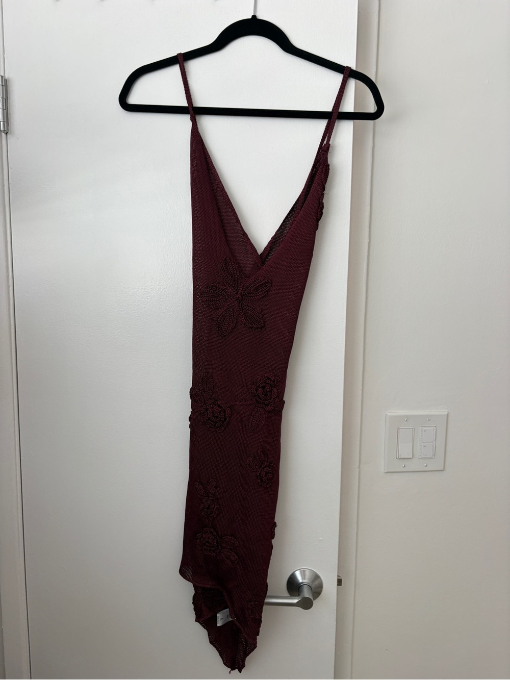 AKIRA Burgundy Asymmetrical Slip Dress with Floral Appliqué